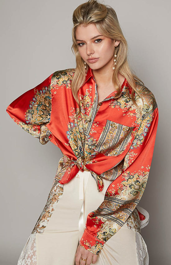 NEW ~ POL Satin Baroque Print Long Sleeved Relaxed Fit Shirt ~ RED!