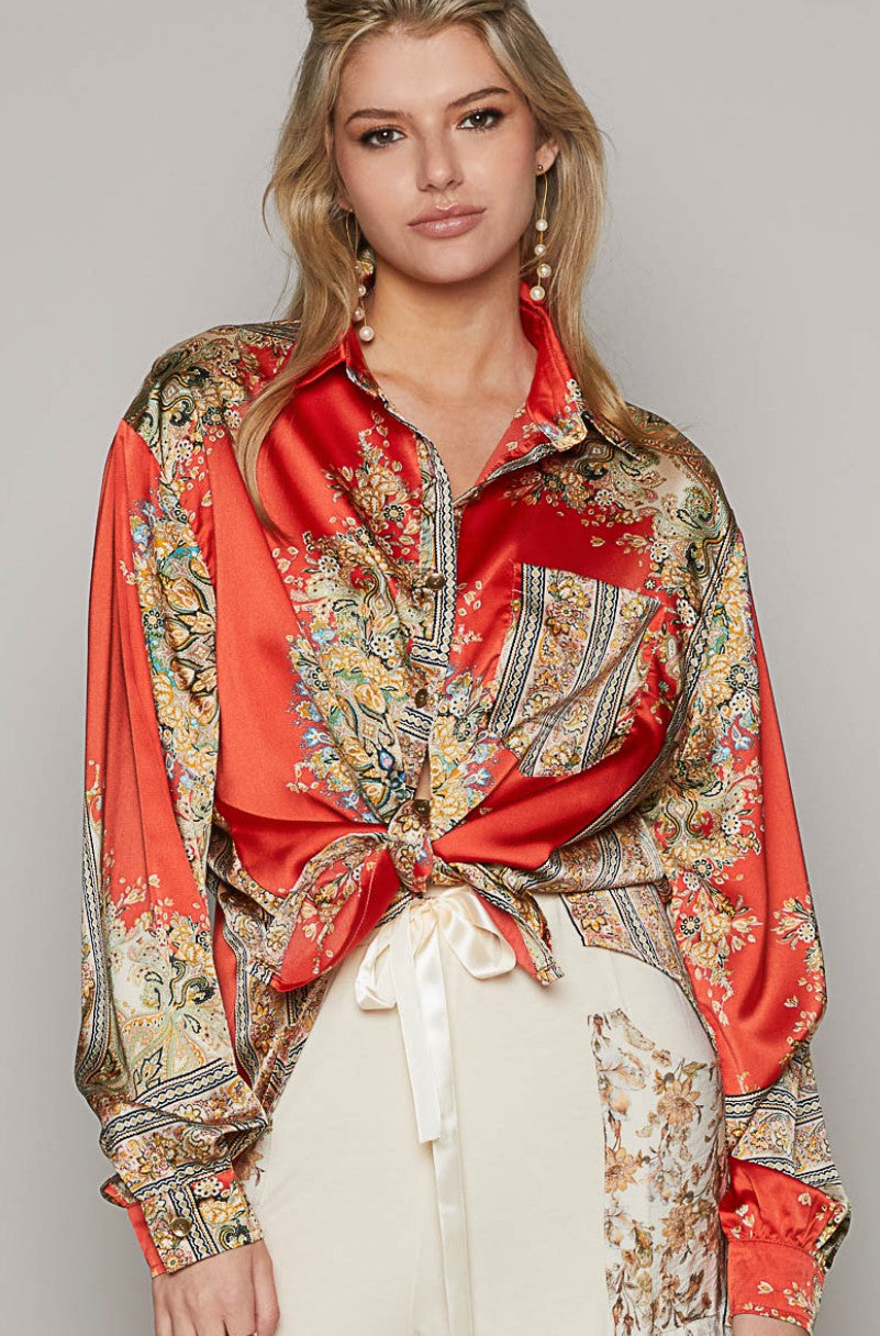 NEW ~ POL Satin Baroque Print Long Sleeved Relaxed Fit Shirt ~ RED!