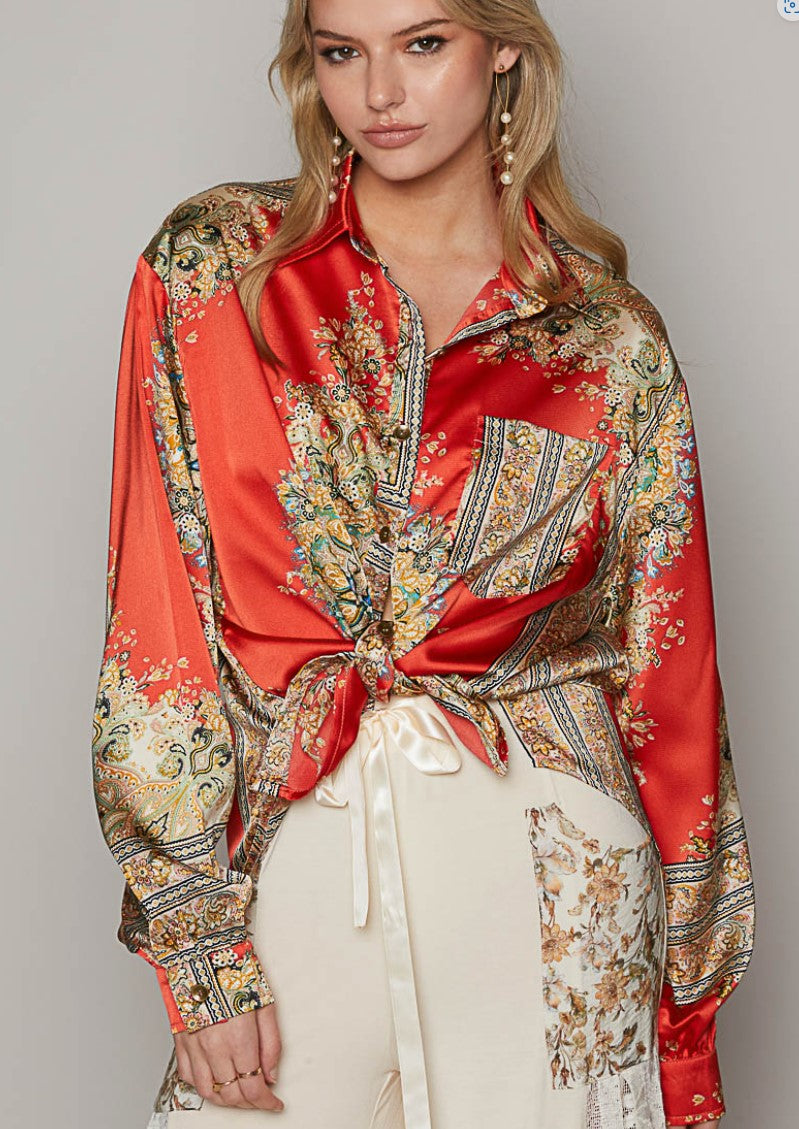 NEW ~ POL Satin Baroque Print Long Sleeved Relaxed Fit Shirt ~ RED!