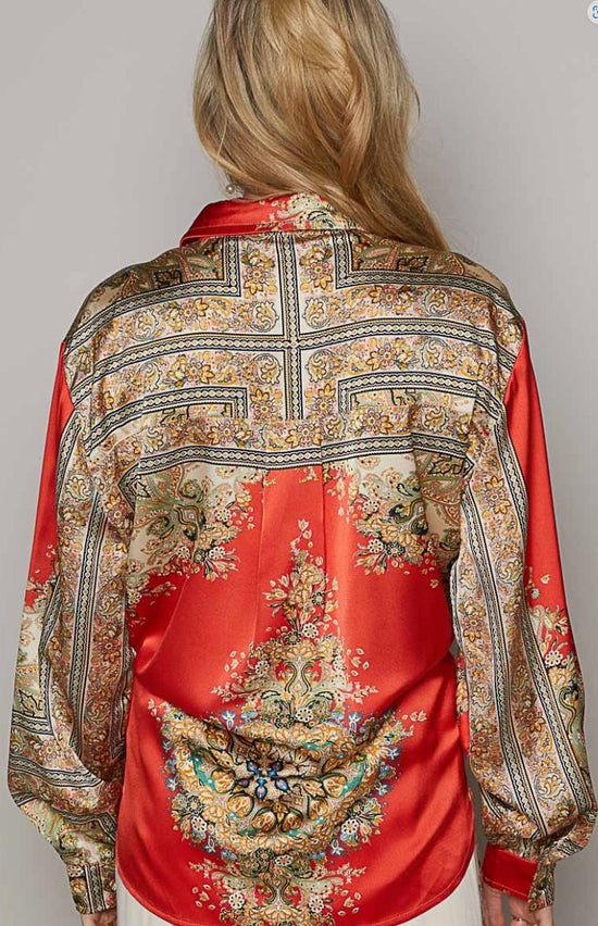 NEW ~ POL Satin Baroque Print Long Sleeved Relaxed Fit Shirt ~ RED!