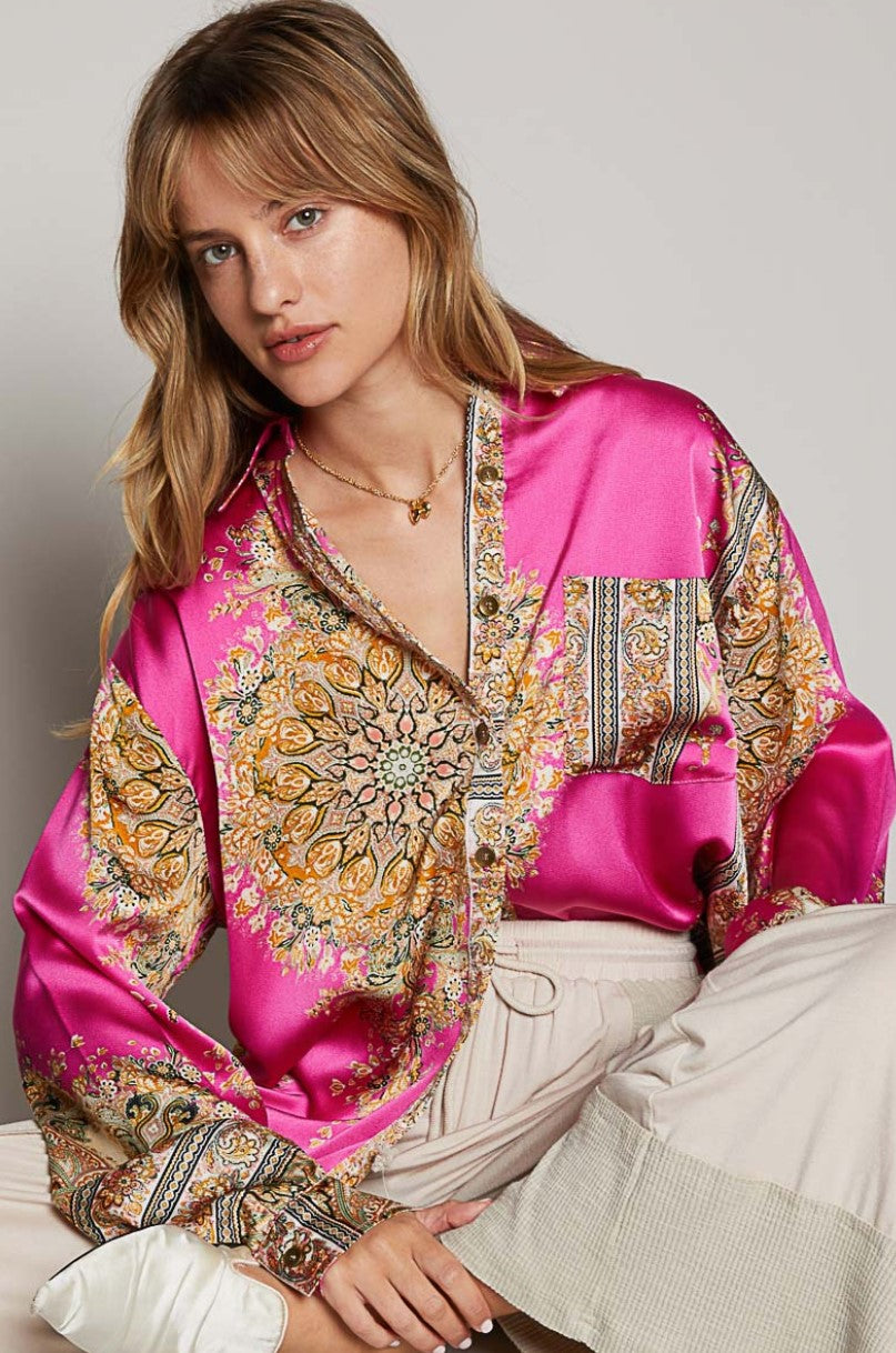 NEW ~ POL Satin Baroque Print Long Sleeved Relaxed Fit Shirt ~ FUCHSIA!