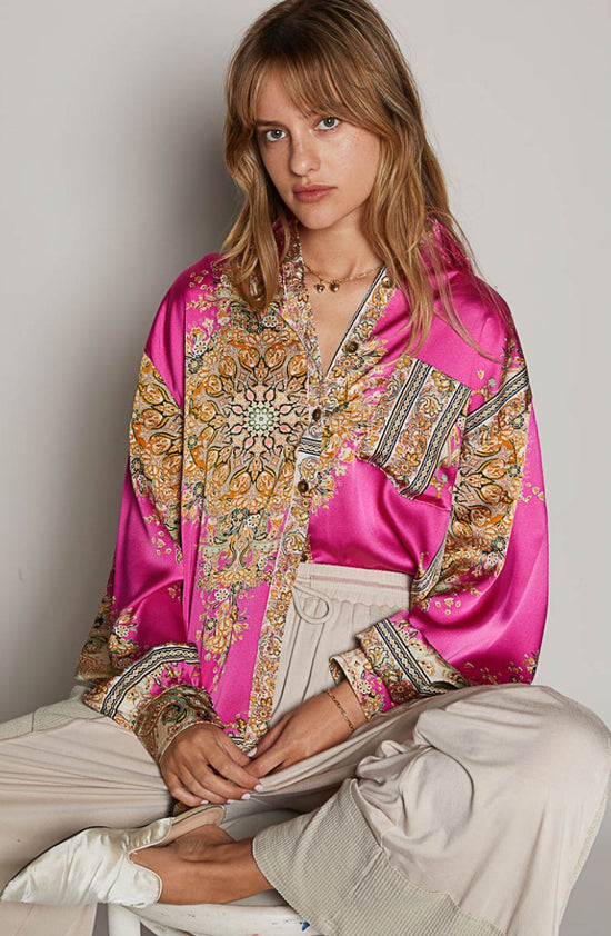 NEW ~ POL Satin Baroque Print Long Sleeved Relaxed Fit Shirt ~ FUCHSIA!