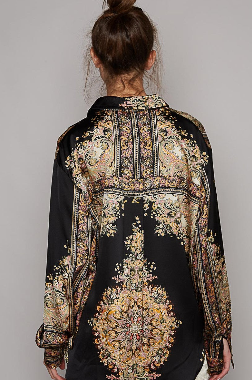 NEW ~ POL Satin Baroque Print Long Sleeved Relaxed Fit Shirt ~ BLACK!