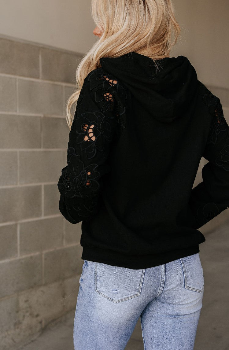 NEW ~ Ampersand Avenue ~  Black Hoodie with Floral Applique Cutout Sleeves ~ Available in Curvy!