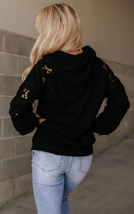 NEW ~ Ampersand Avenue ~  Black Hoodie with Floral Applique Cutout Sleeves ~ Available in Curvy!