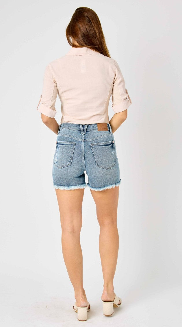 NEW - Judy Blue High Waist Button Fly Destroy Hi-Lo Hem Shorts ~ Small - XLarge ~ Style 150206