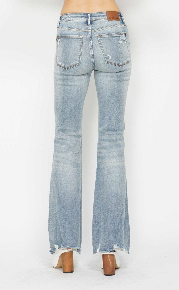 Judy Blue Medium Wash Mid-Rise Tummy Control Destroy Flare Jeans ~ Available in Sizes 5-13!