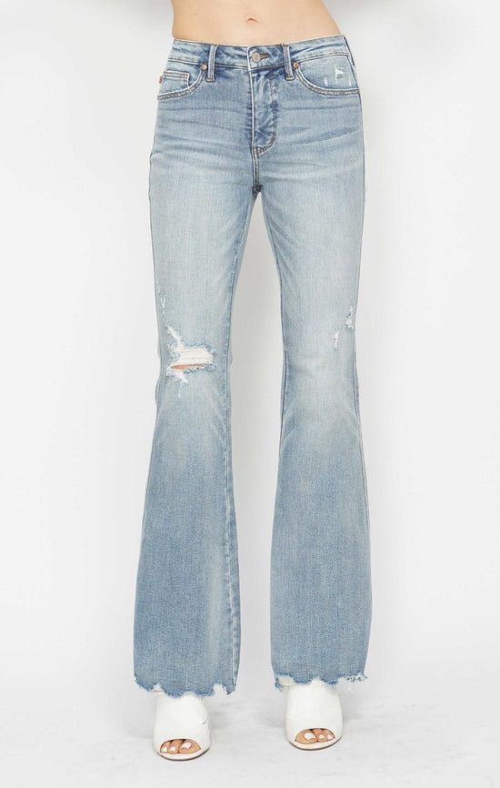 Judy Blue ~ Medium Wash Midrise Tummy Control Destroy Flare Jeans ~ Style 88594 ~ Available in Sizes 3-13!