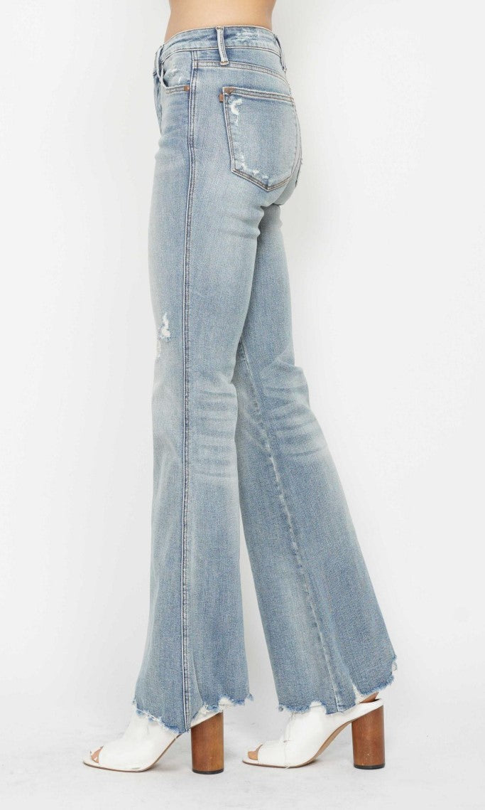 Judy Blue ~ Medium Wash Midrise Tummy Control Destroy Flare Jeans ~ Style 88594 ~ Available in Sizes 3-13!