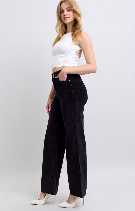 Judy Blue High Waist Overdyed Corduroy Trousers - Wide Leg -BLACK ~ Style 88921 ~ Available in Sizes 1 - 15!