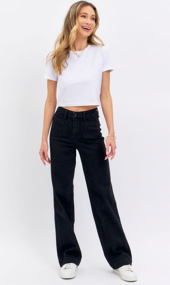 Judy Blue ~ High Waisted Black Patch Pocket Straight Jeans ~ Style 88827 ~ Available in Sizes 3-15!