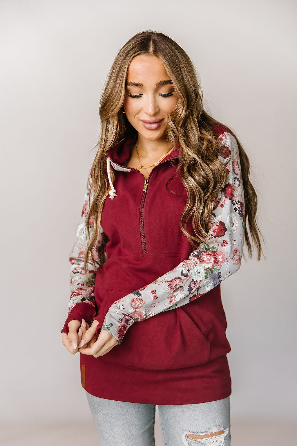 NEW ~ Ampersand Halfzip Sweatshirt - Among the Wildflowers ~ Deep Red~ Available in Curvy!
