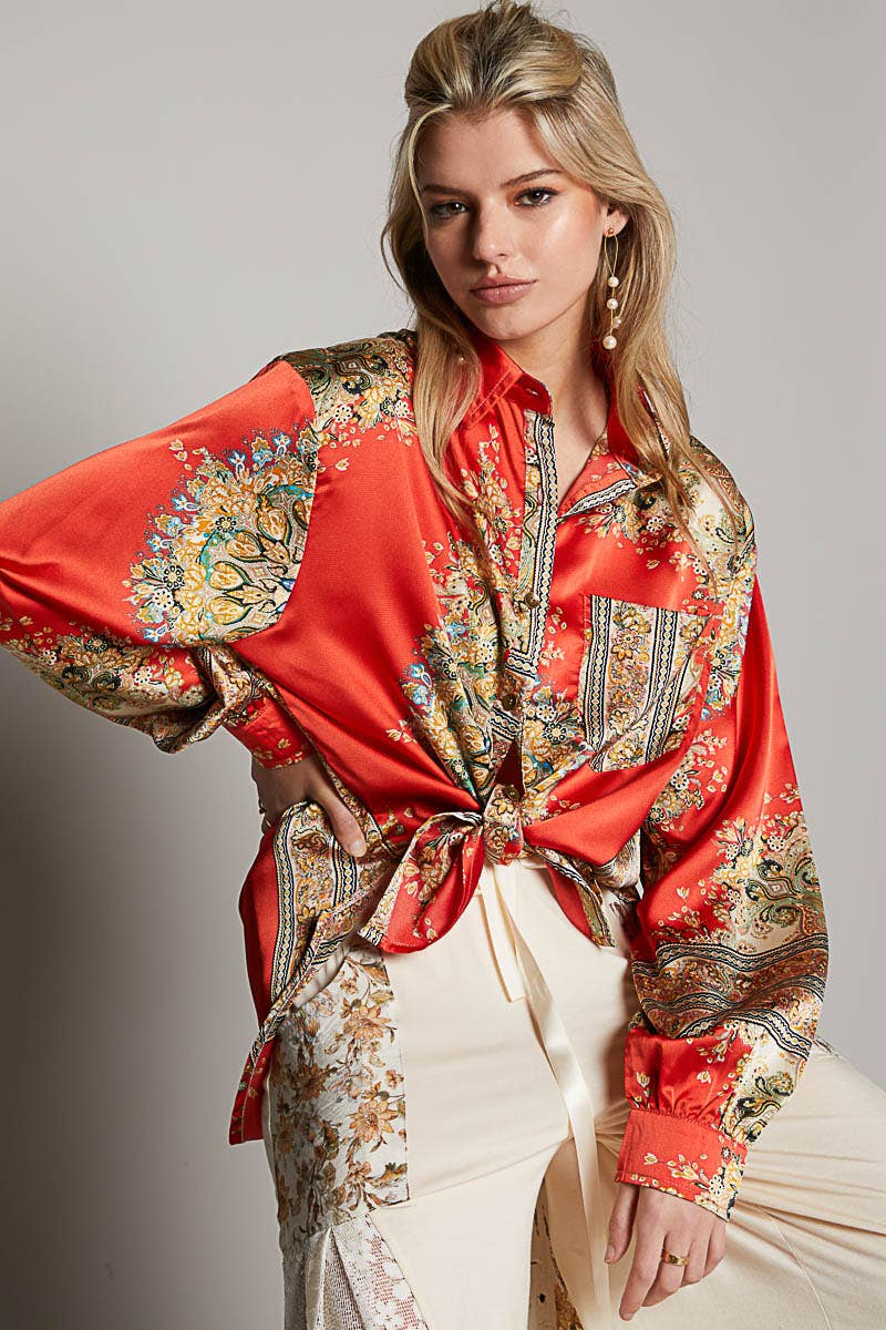 Long sleeve woven prints button down shirt: L / Red