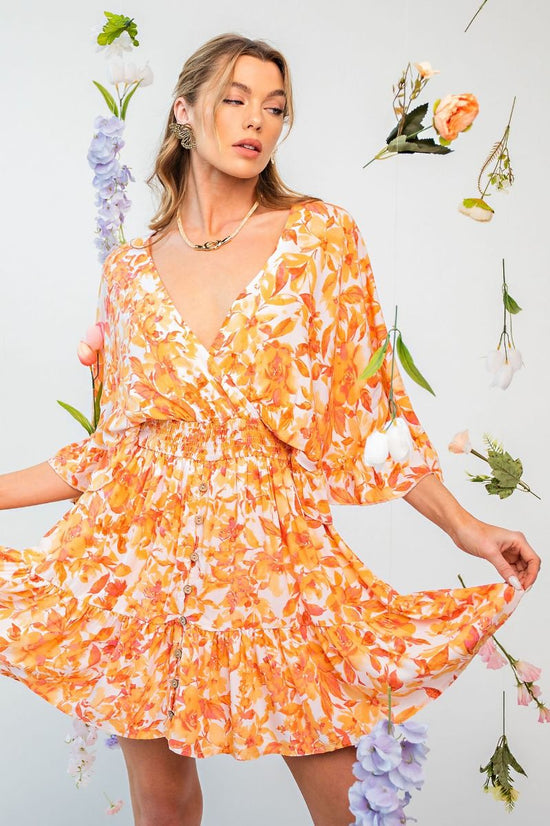 NEW -  Easel ORANGE & PEACH Floral Challis Ruffle Wing Sleeve Dress!