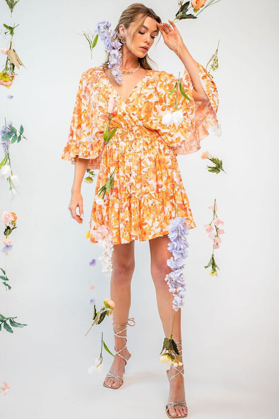 NEW -  Easel ORANGE & PEACH Floral Challis Ruffle Wing Sleeve Dress!