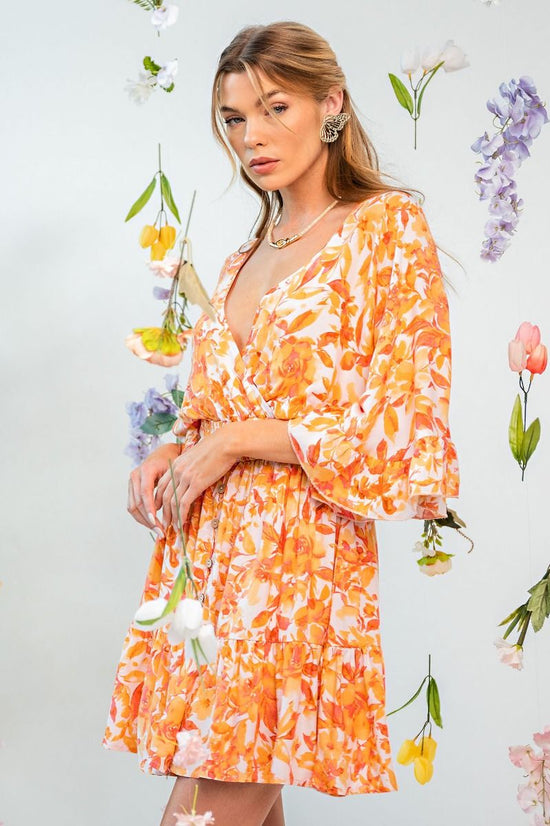 NEW -  Easel ORANGE & PEACH Floral Challis Ruffle Wing Sleeve Dress!