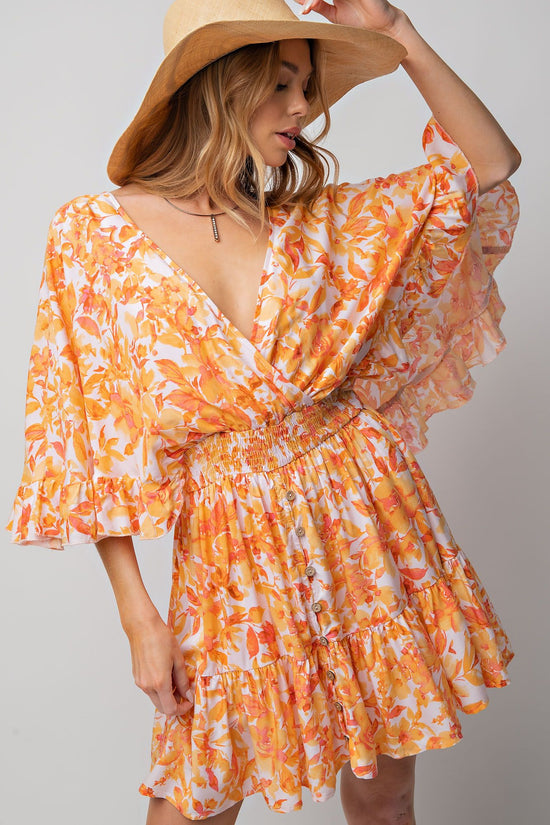 NEW -  Easel ORANGE & PEACH Floral Challis Ruffle Wing Sleeve Dress!