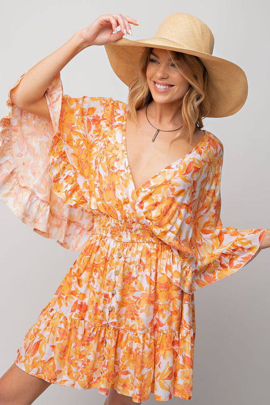 NEW -  Easel ORANGE & PEACH Floral Challis Ruffle Wing Sleeve Dress!