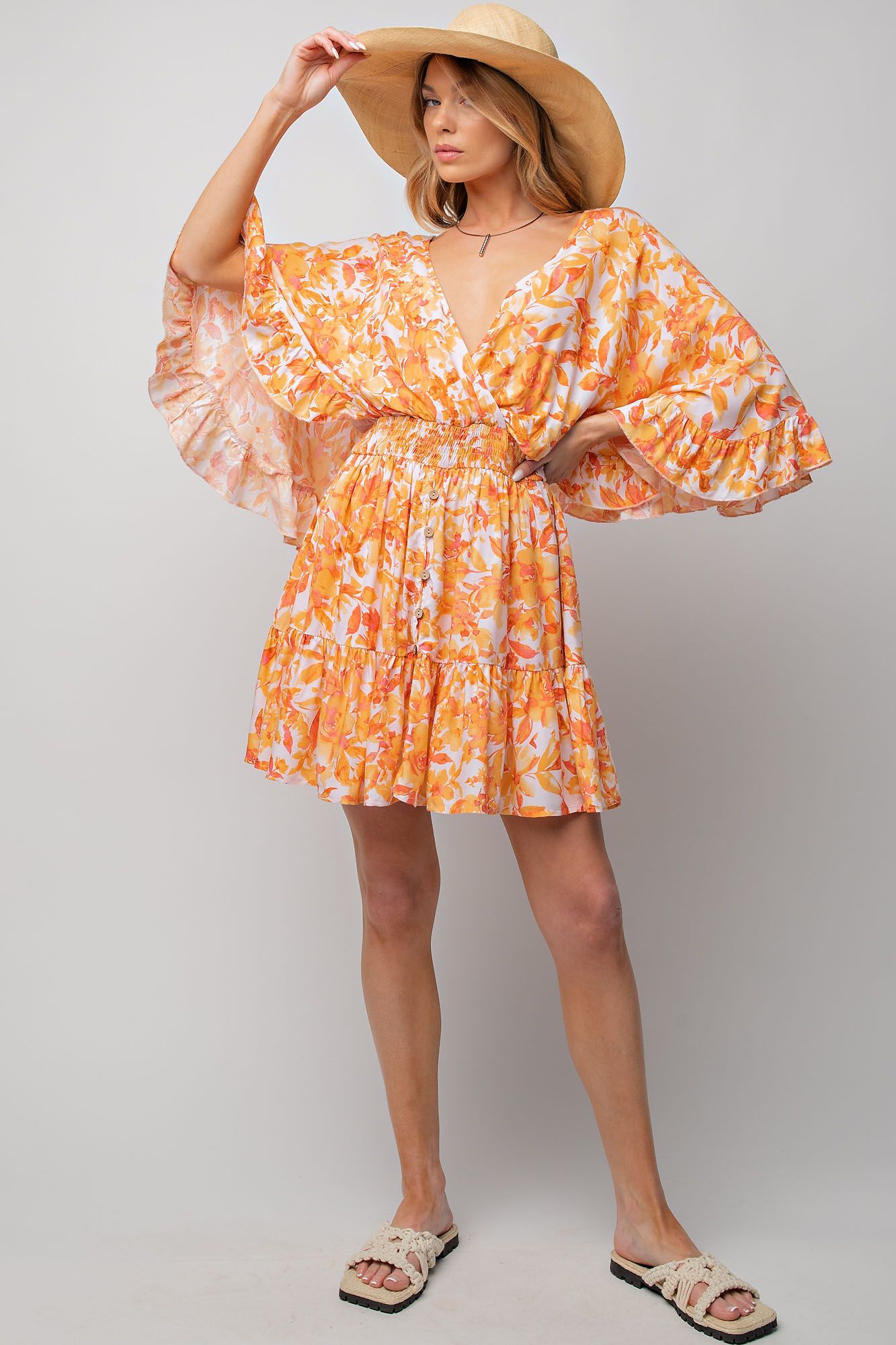 NEW -  Easel ORANGE & PEACH Floral Challis Ruffle Wing Sleeve Dress!