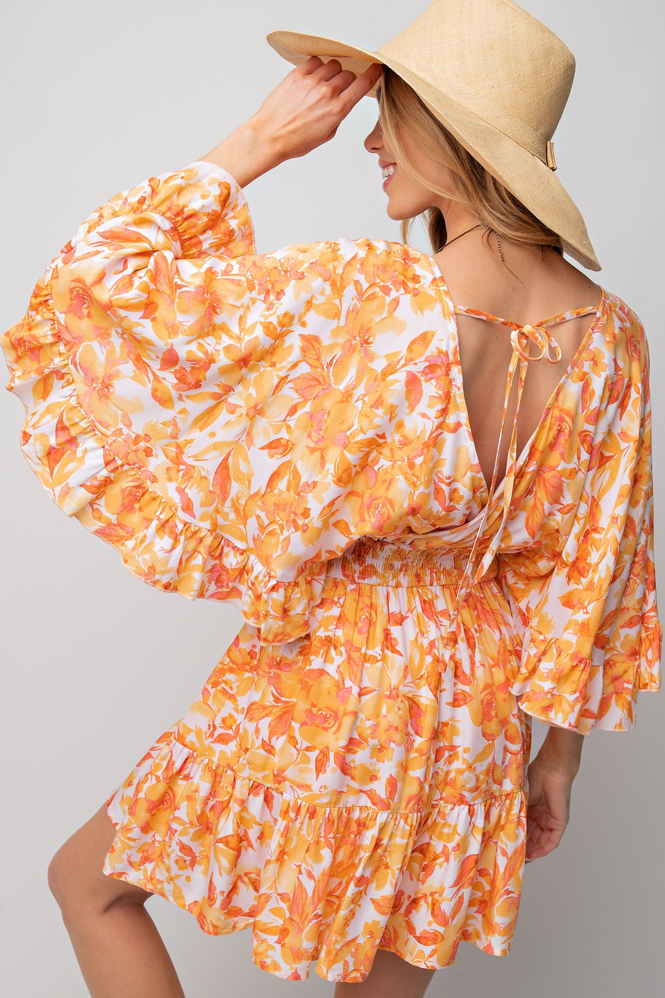 NEW -  Easel ORANGE & PEACH Floral Challis Ruffle Wing Sleeve Dress!