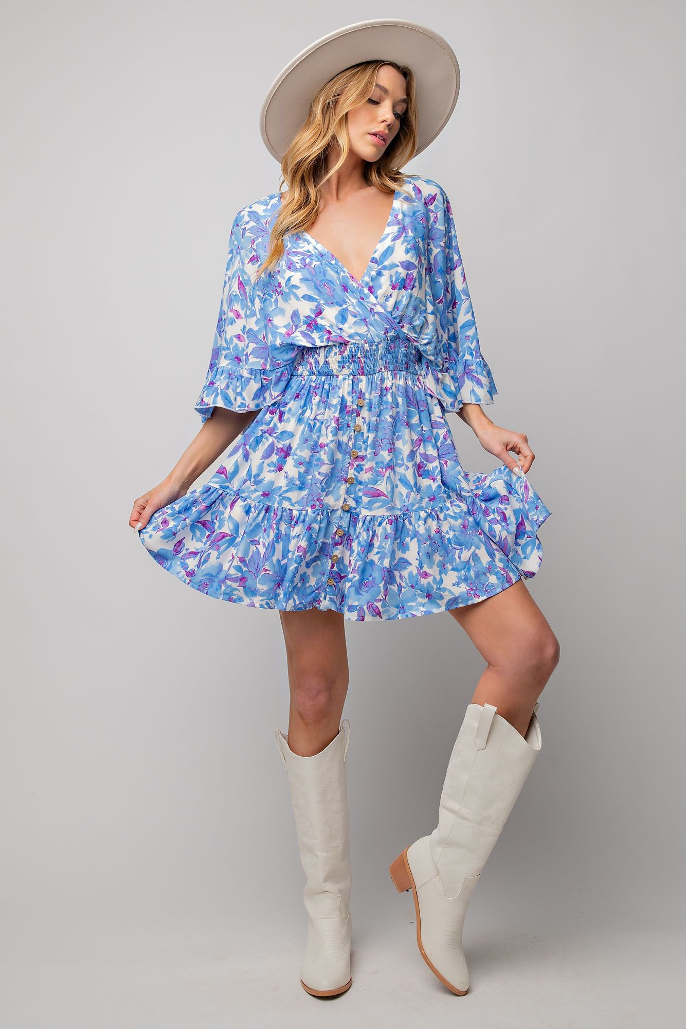 NEW -  Easel BLUE & PURPLE Floral Challis Ruffle Wing Sleeve Dress!