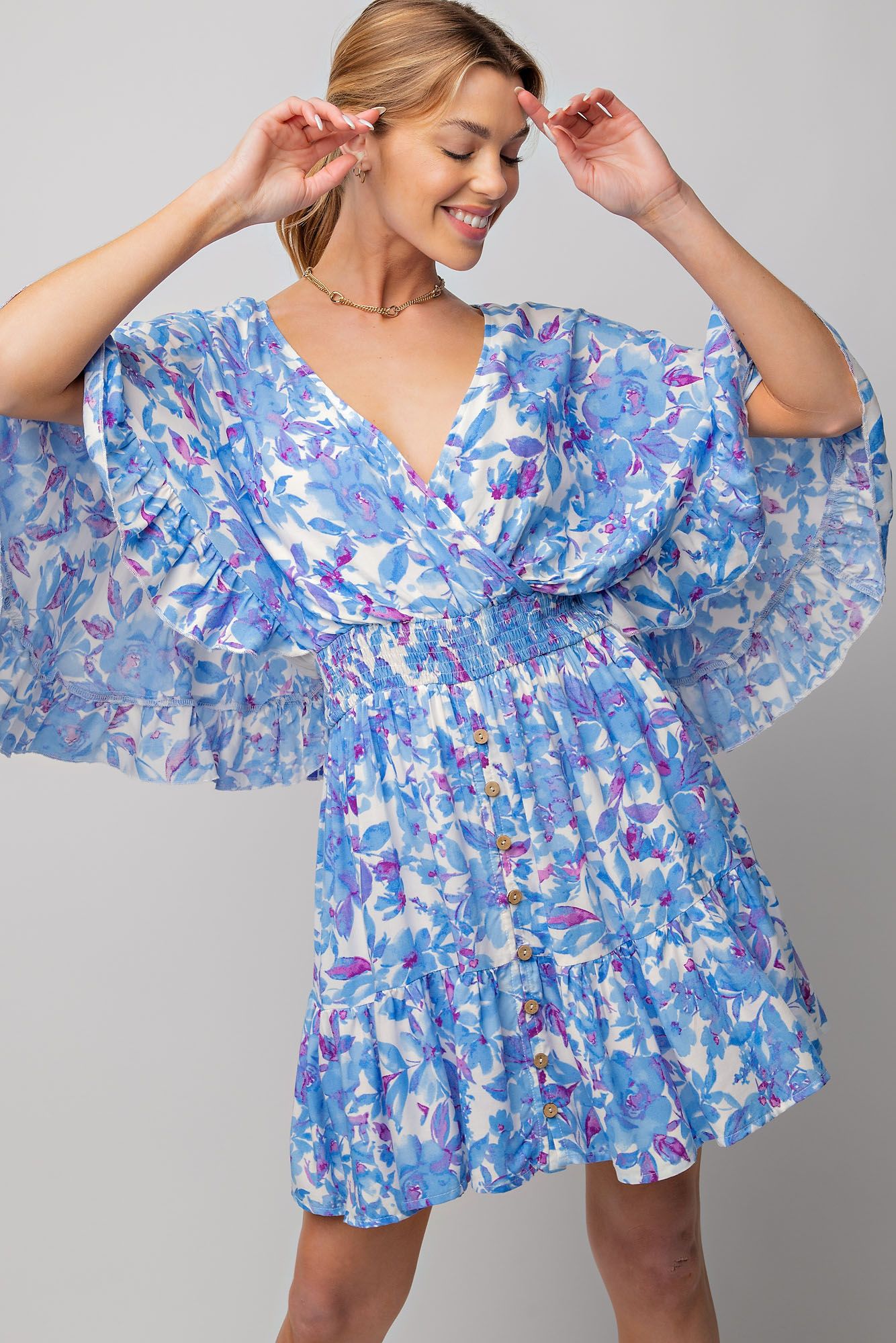 NEW -  Easel BLUE & PURPLE Floral Challis Ruffle Wing Sleeve Dress!