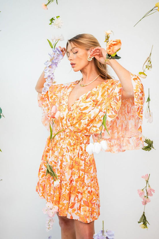 NEW -  Easel ORANGE & PEACH Floral Challis Ruffle Wing Sleeve Dress!