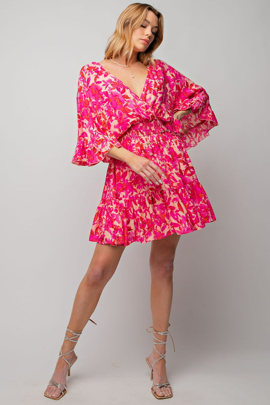 NEW -  Easel FUCHSIA & PINK Floral Challis Ruffle Wing Sleeve Dress ~ CURVY!