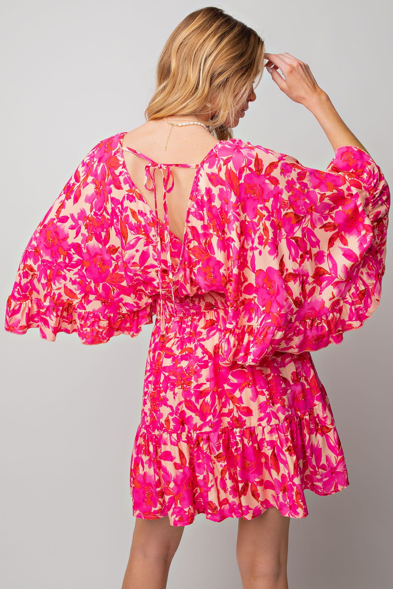 NEW -  Easel FUCHSIA & PINK Floral Challis Ruffle Wing Sleeve Dress ~ CURVY!