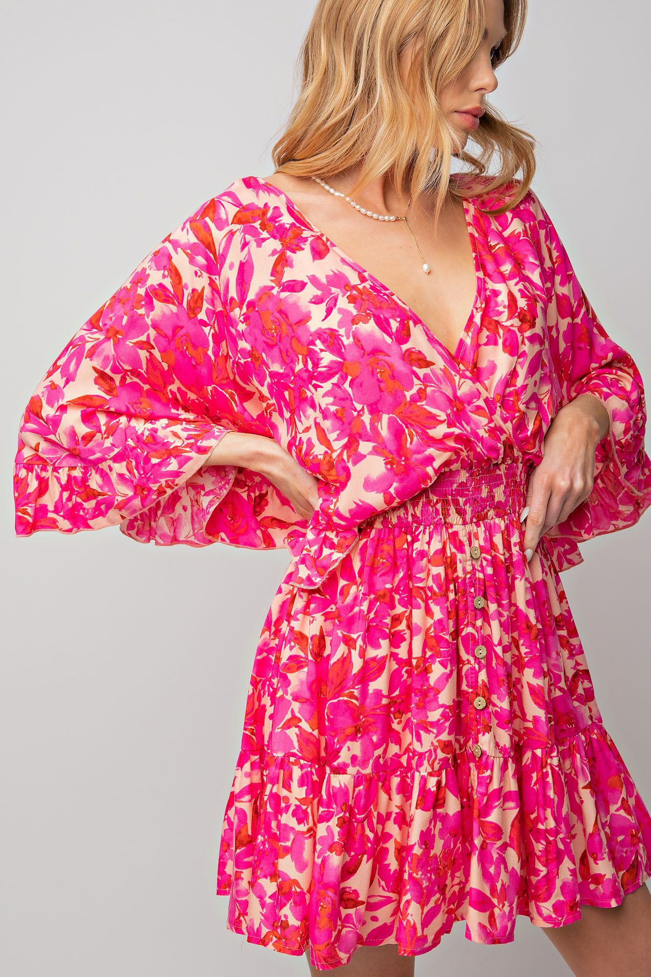 NEW -  Easel FUCHSIA & PINK Floral Challis Ruffle Wing Sleeve Dress ~ CURVY!