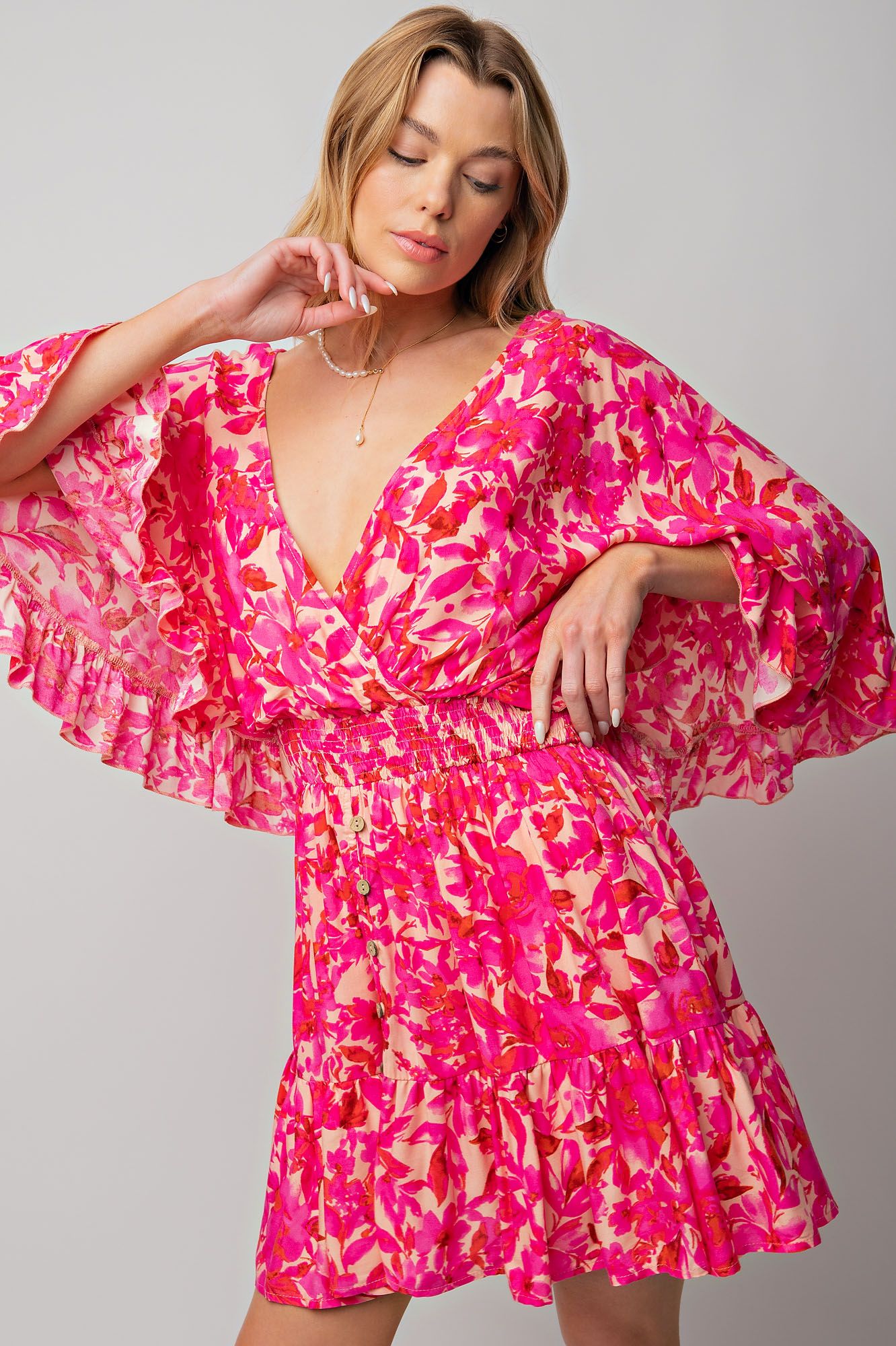 NEW -  Easel FUCHSIA & PINK Floral Challis Ruffle Wing Sleeve Dress ~ CURVY!