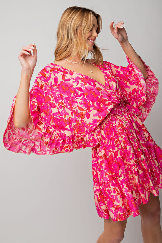 NEW -  Easel FUCHSIA & PINK Floral Challis Ruffle Wing Sleeve Dress ~ CURVY!