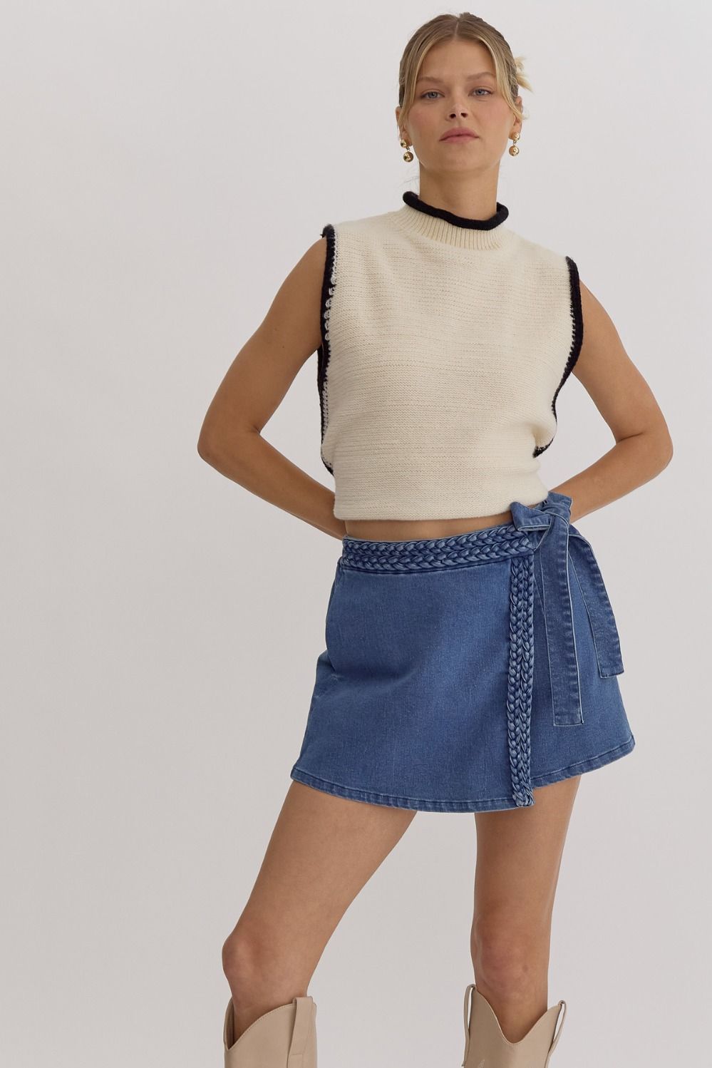 NEW! ~ ENTRO Denim Wrap Skort with Braided Detail!