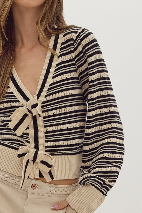 NEW ~ ENTRO Black & White Stripe Print Knitted Long Sleeve Cardigan