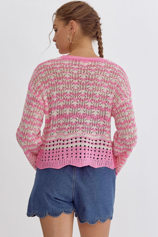 NEW ~ Entro Cotton Candy Pink Striped Round Neck Long Sleeve Crochet Knit Top