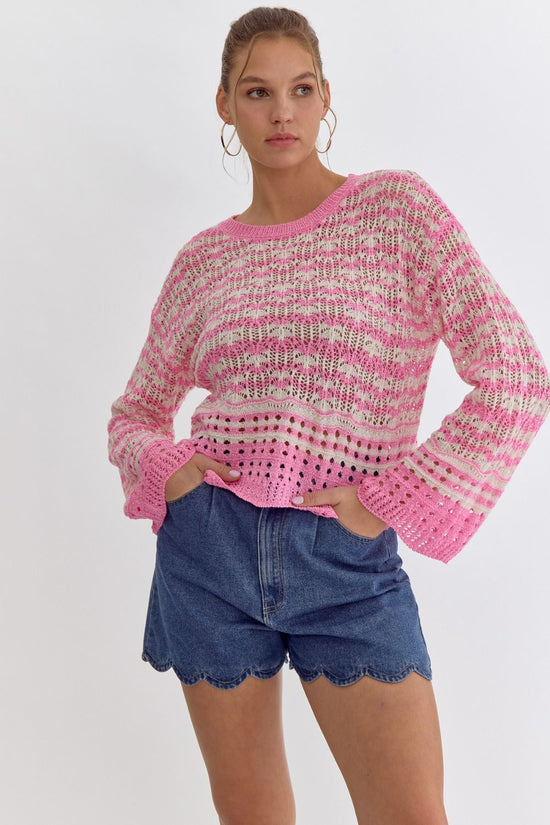 NEW ~ Entro Cotton Candy Pink Striped Round Neck Long Sleeve Crochet Knit Top