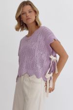 Entro ~ LAVENDER Crochet Knit Short Sleeve Crop Top Sweater with Scalloped Hem!
