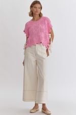 Entro ~ PINK Crochet Knit Short Sleeve Crop Top Sweater with Scalloped Hem!