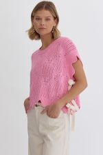 Entro ~ PINK Crochet Knit Short Sleeve Crop Top Sweater with Scalloped Hem!