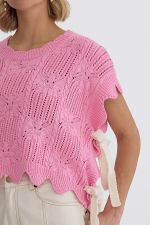 Entro ~ PINK Crochet Knit Short Sleeve Crop Top Sweater with Scalloped Hem!