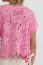 Entro ~ PINK Crochet Knit Short Sleeve Crop Top Sweater with Scalloped Hem!