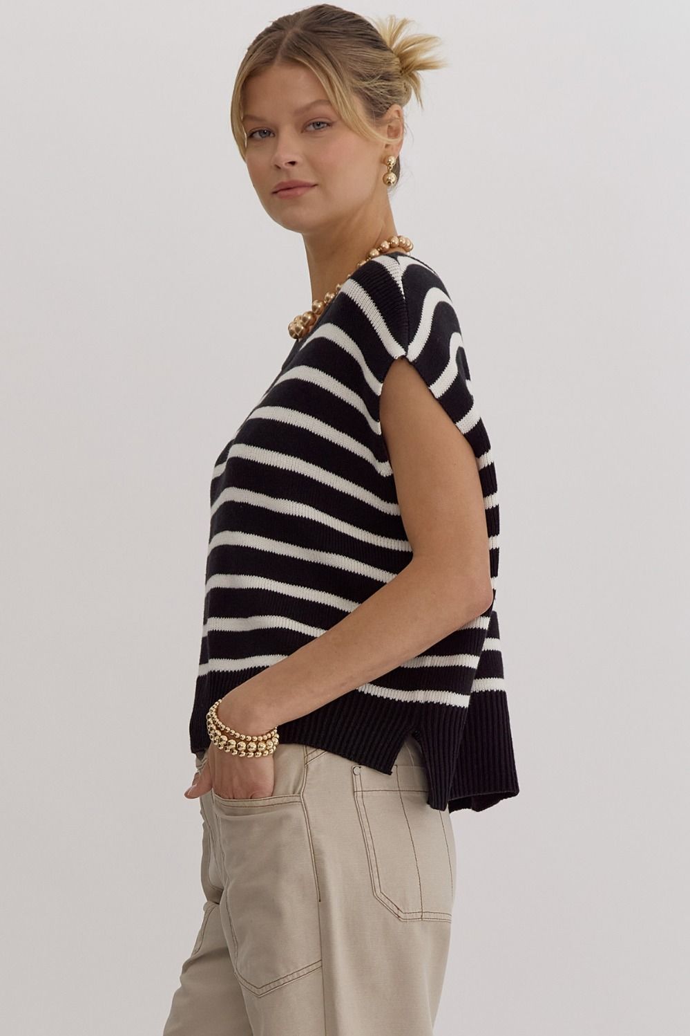 ENTRO Stripe Print Round Neck Short Sleeve Knit Top ~ Black & White!