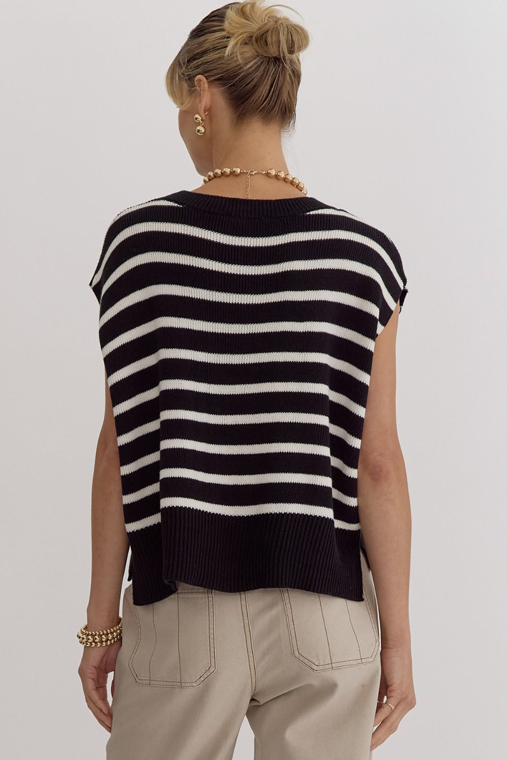 ENTRO Stripe Print Round Neck Short Sleeve Knit Top ~ Black & White!