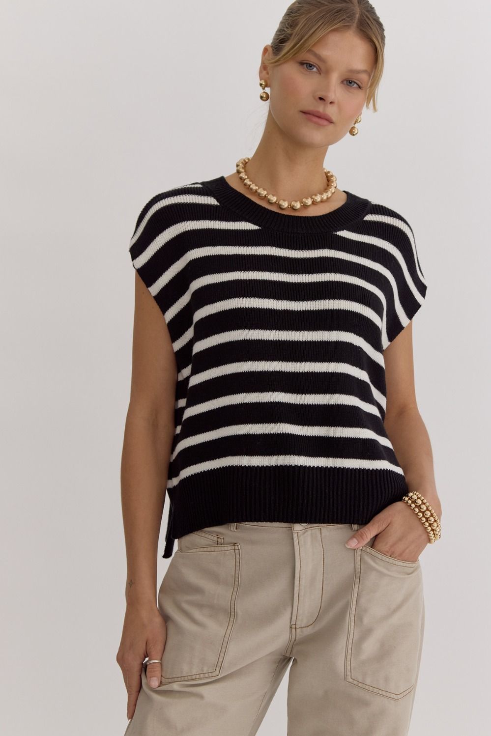 ENTRO Stripe Print Round Neck Short Sleeve Knit Top ~ Black & White!