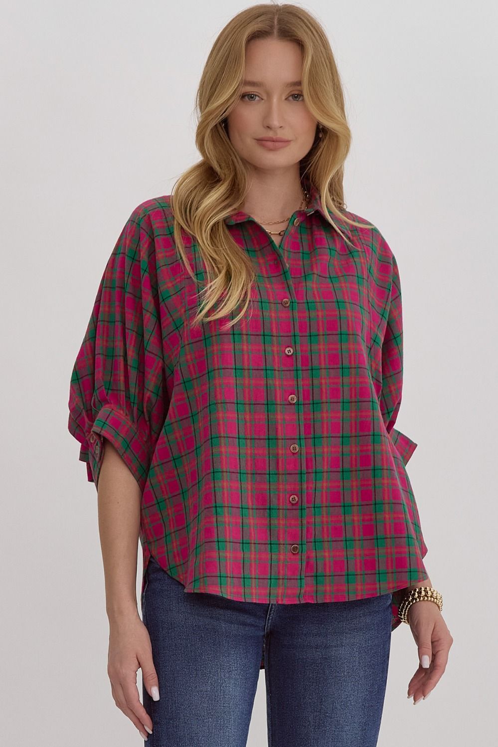 ENTRO Pink and Green Oversized Plaid Button Down Shirt!