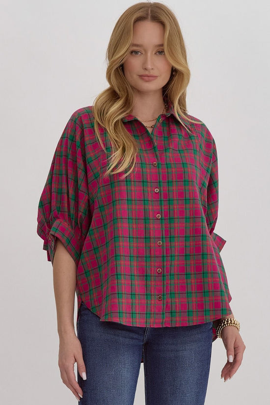 ENTRO Pink and Green Oversized Plaid Button Down Shirt!