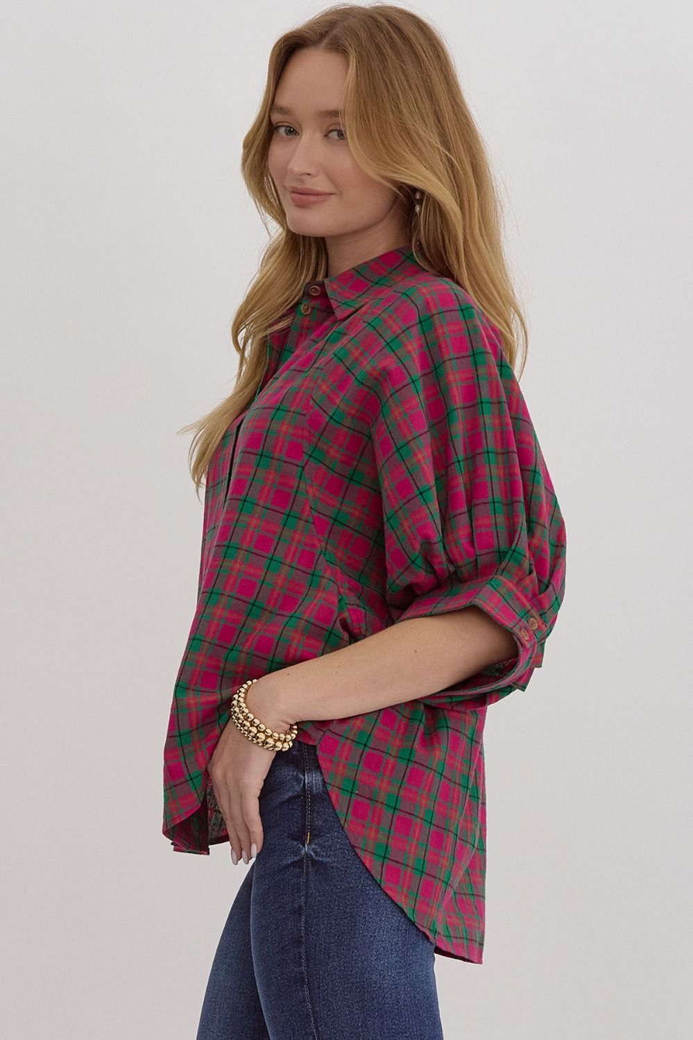 ENTRO Pink and Green Oversized Plaid Button Down Shirt!