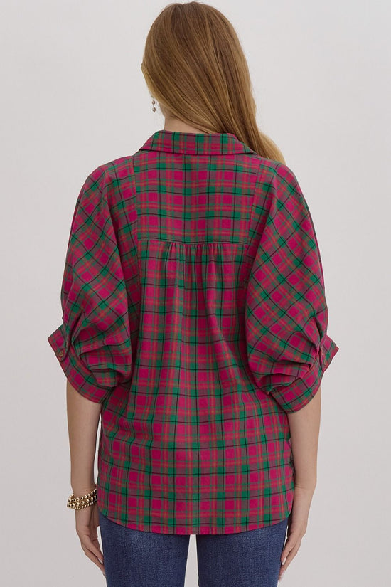 ENTRO Pink and Green Oversized Plaid Button Down Shirt!