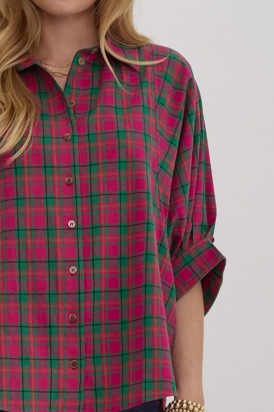 ENTRO Pink and Green Oversized Plaid Button Down Shirt!