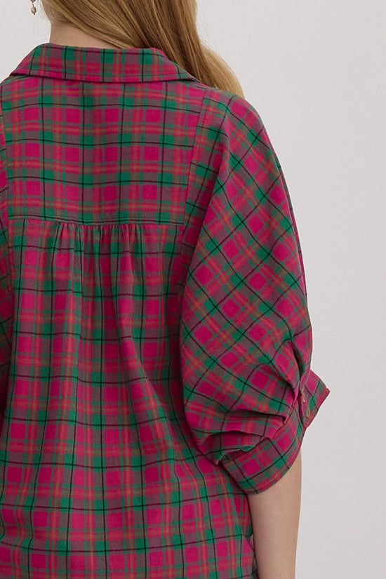 ENTRO Pink and Green Oversized Plaid Button Down Shirt!